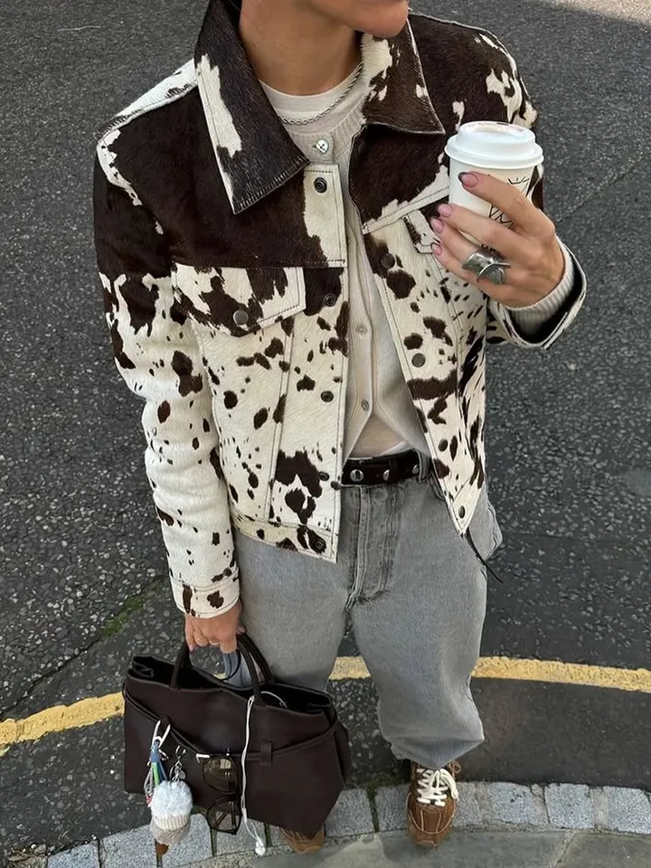 TARUXY Fashion Lapel Printed Jacket Coat Female Long Sleeve Casual Splice Women's Outwear Ins Hot High Street 2025 Spring New