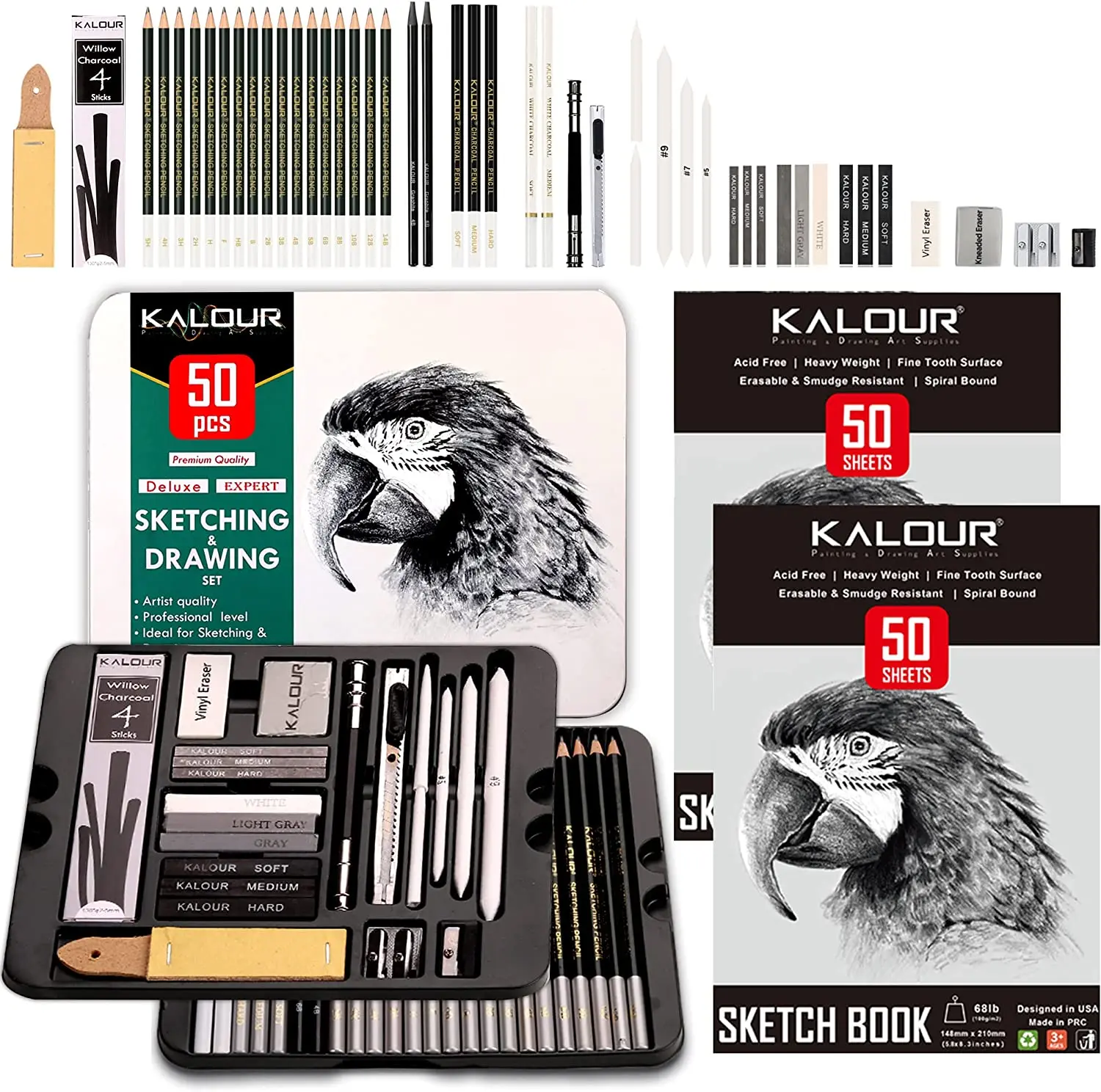 

52/72-Pack Sketch Drawing Pencils with Two Sketchbook,Tin Box,Include Graphite,Charcoal and Artists Tools,Pro Art Drawing Kits