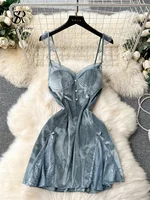 SINGREINY Strap Sexy Velvet Dress Fashion Senior Pearls Sleeveless Slim Women Lace Hollow out Backless High Quality Mini Dress - Image 2