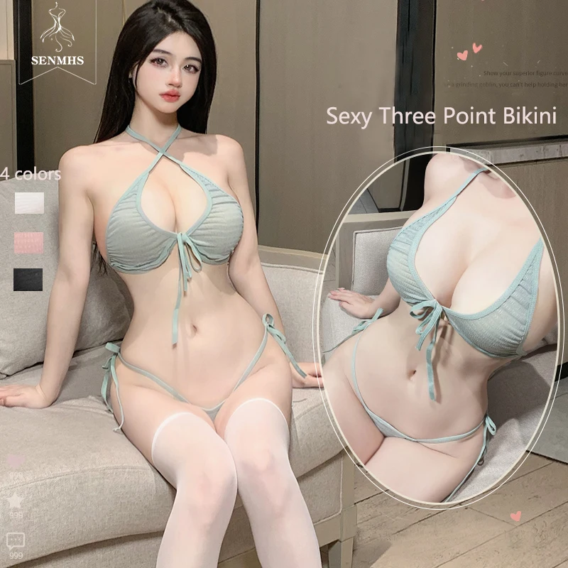 

SENMHS Woman Underwear Crossed Lacing Three-point Lingerie Backless Triangle Plaid Bra Strap-on Panties Beach Swimming Pool Set