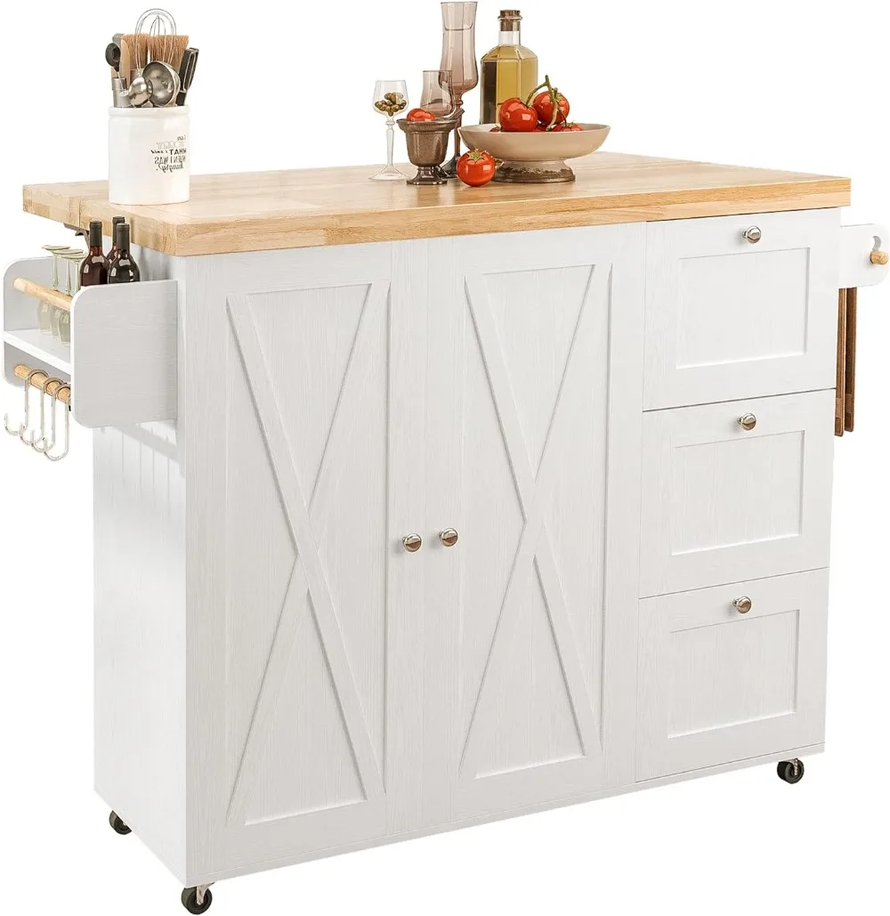 

IRONCK Rolling Kitchen Island Cart with Drop-Leaf Countertop, Barn 3Drawers, Barn Door Style Cabine,Thicker Rubberwood Top