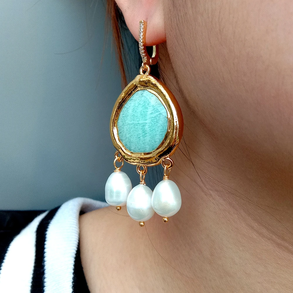 Natural Green Amazonite Cultured White Rice Pearl Dangle Earrings