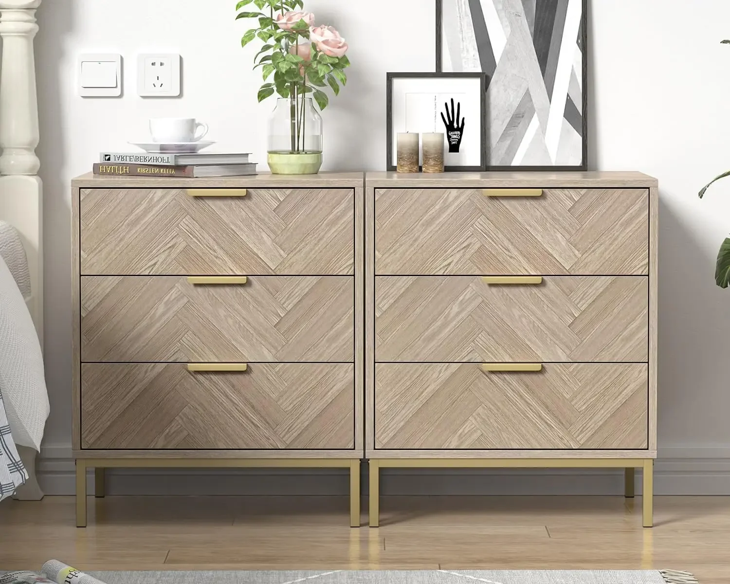2pcs 3 Drawer Nightstand for Bedroom, Set of 2 Side Tables with 3 Drawers, Modern Wood Nightstand Square Bedside Table End Table 2
