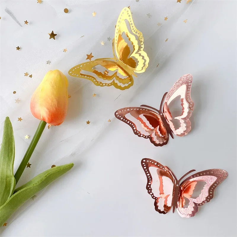 New 3D Hollow Layered Butterfly Wall Sticker Gold Decorative Butterfly Home Decor Fridge DIY Party Wedding Sticker 3D Stickers