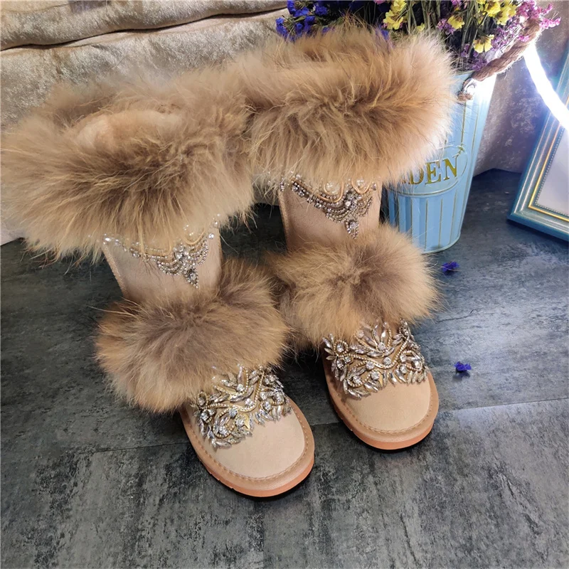 

Rhine-drill fur integrated boots Winter plus fleece warm boots classic hand-tailored fox hair boots women's 35-42