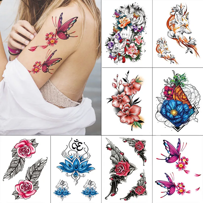 Waterproof Temporary Tattoo Sticker Peony Flowers Leave Flash Tattoos Body Art Arm Fake Sleeve Tattoo Black Women Girls Wrist