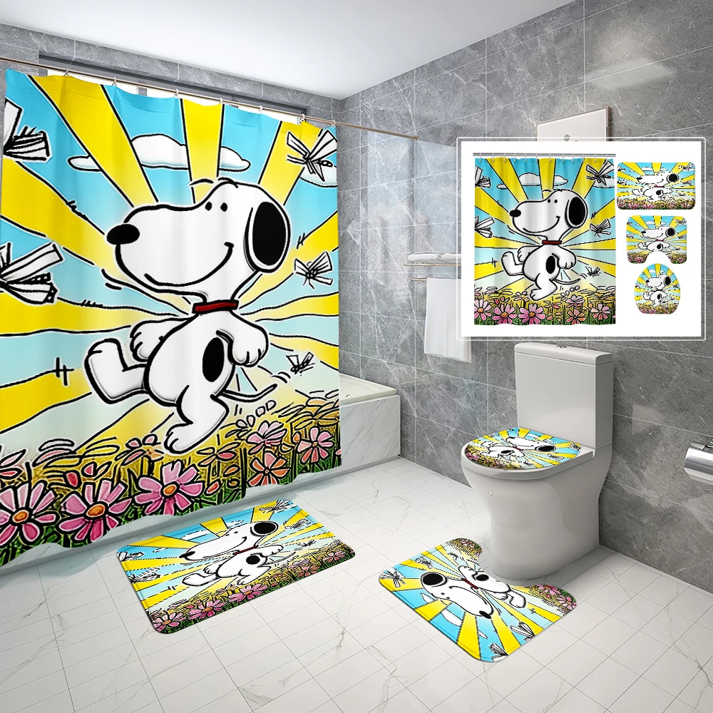 thumbnail image 4 of 1/4 piezas 70*70 pulgadas 1/4 piezas Juego de cortina de ducha impermeable con dibujos animados de Snoopy lindo con alfombras antideslizantes, tapa de inodoro, alfombrilla de baño, 12 ganchos, 4 of 5