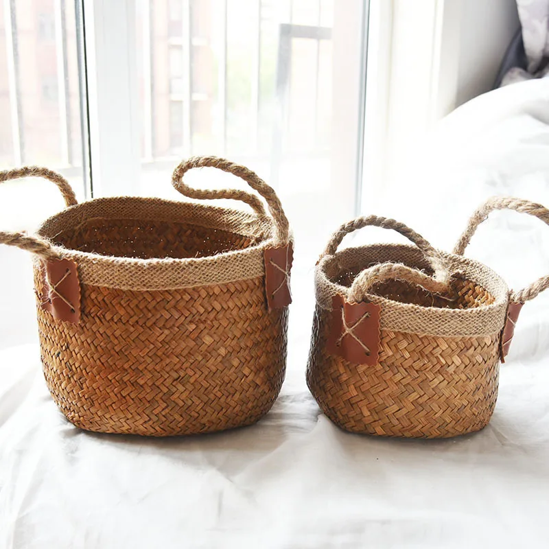 

Jute Handheld Basket with Hand Gift Woven Basket Sea Grass Basket Bamboo Basket Nordic Vine Woven Grass Woven Flower Basket