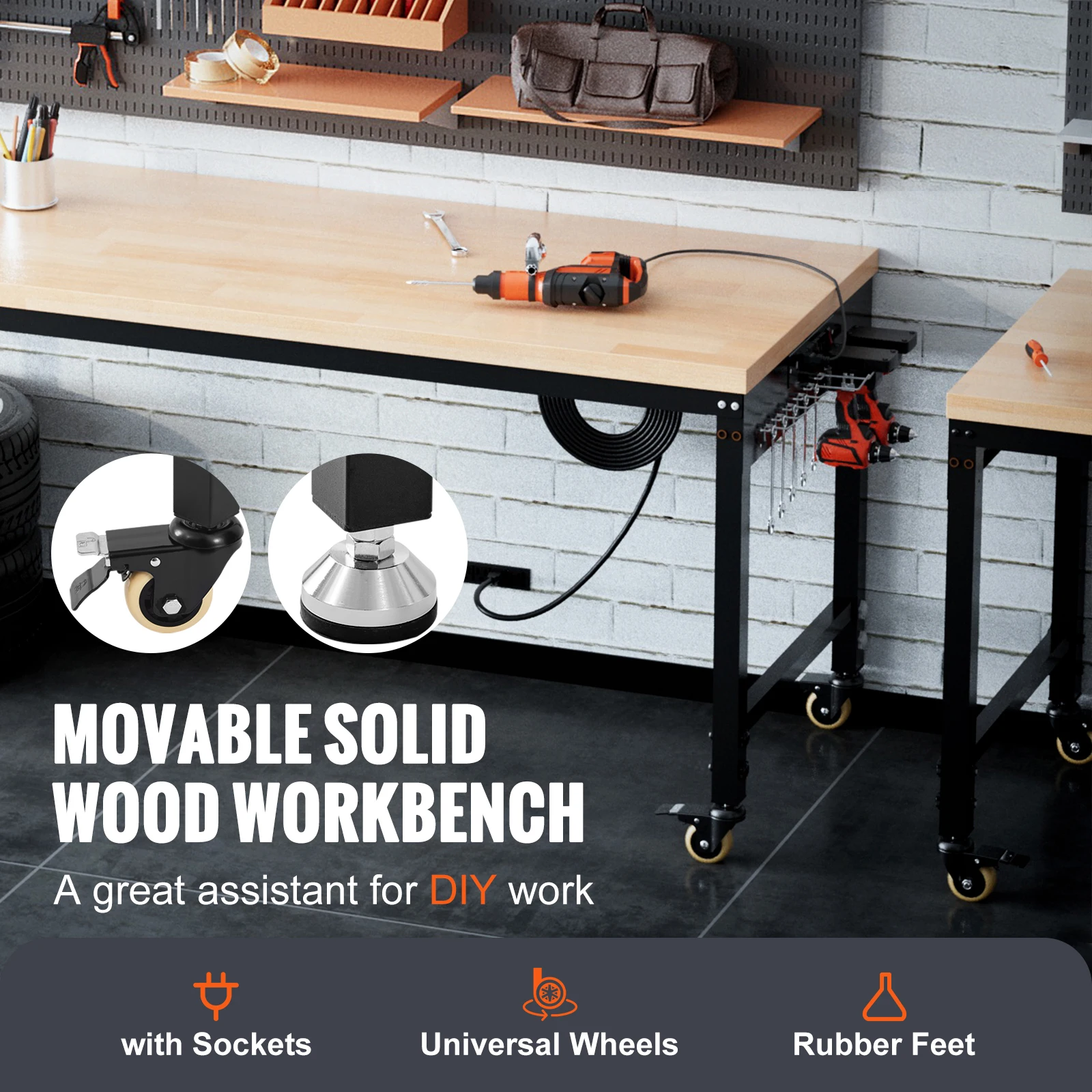 Adjustable Wood Workbench with Power Outlets for Garage