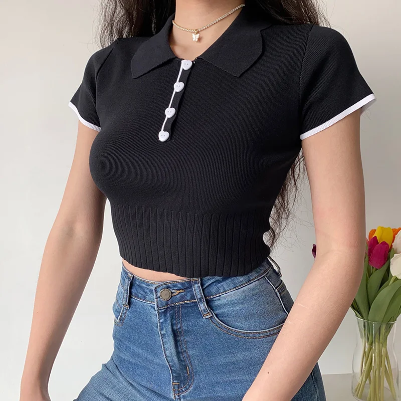 

Vintage Polo Shirts Slim Cute Crop Tops Female Korean Fashion Button Up T-shirt Knitted Short Sleeve Tees Women 2021 Streetwear