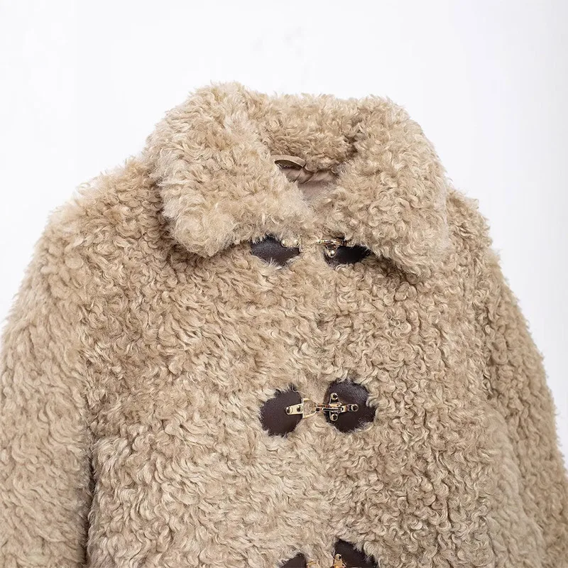 Vintage Lambs Wool Jacket For Women Loose Fleece O-neck Single Breasted Pockets Long Sleeve Fur Coat Autumn Winter Lady Outwear