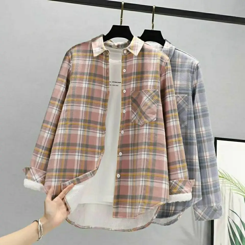 

2024 Printed Plaid Shirt Korean Square Collar Top Cardigan Japan Style Long-sleeved Blouses Women Plaid Shirts Button Up T350