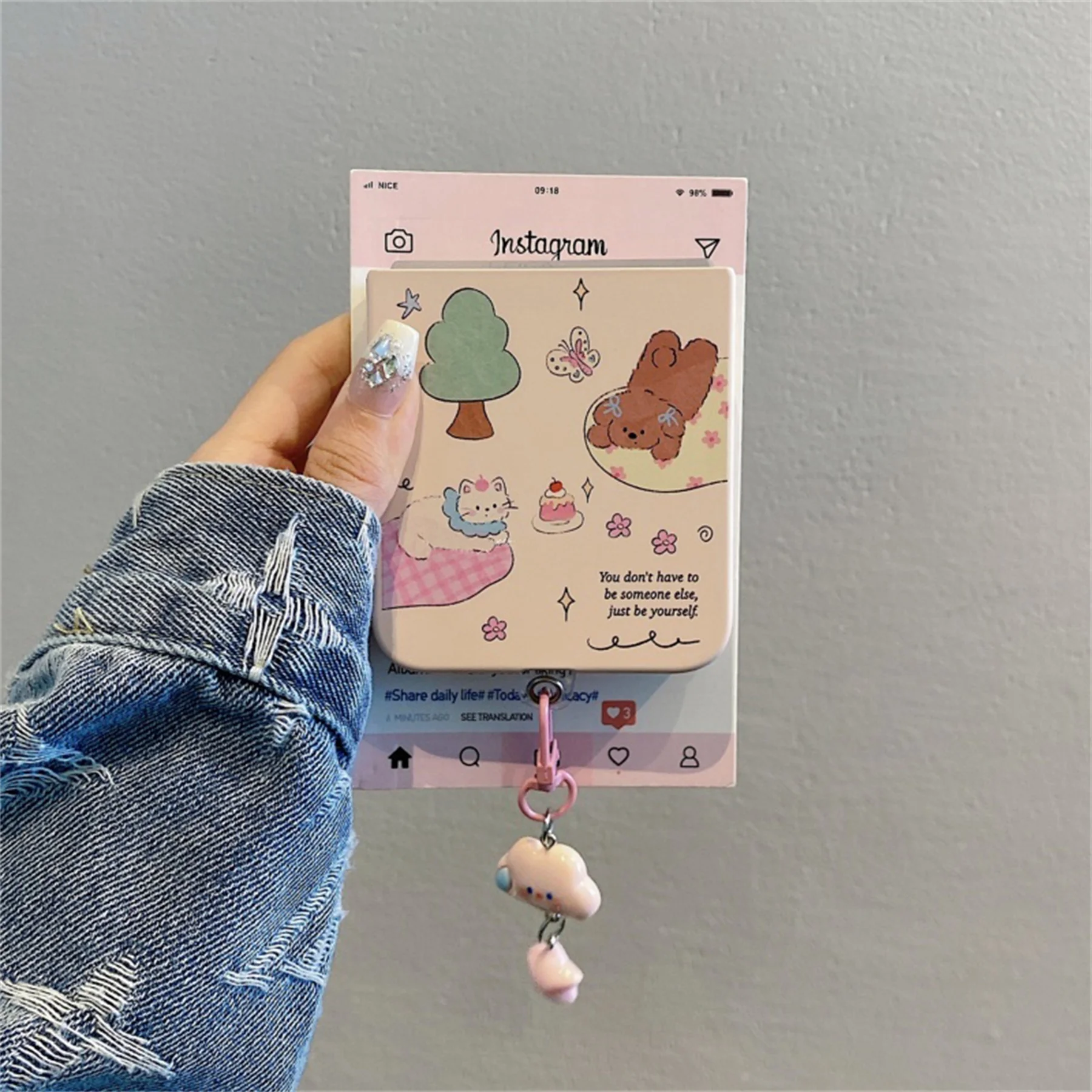 Korean Cute Tree Kitty Puppy Cake Phone Case with Pink Cloud Pendant