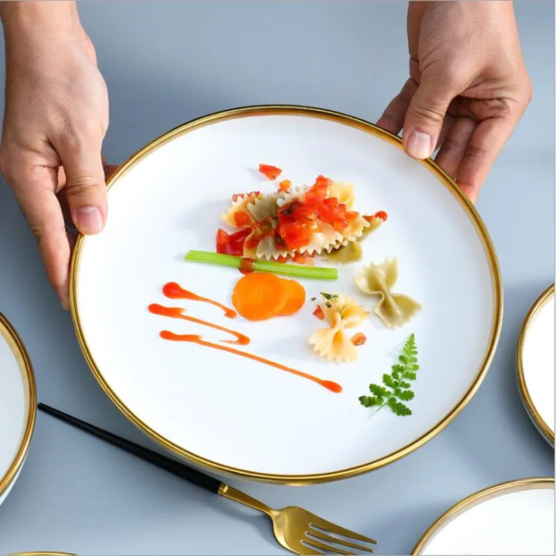 Gold Inlay Bright White Porcelain Dinner Sets Ceramic Bowl Dish Plates Set Dinnerware for Household Hotel