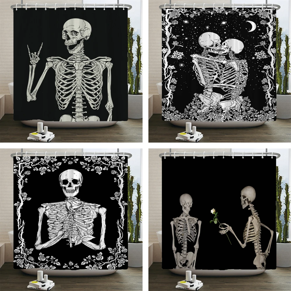 

Skull Skeleton Moonlit Shower Curtain Gothic Black White Sugar Spooky Halloween Bath Curtains for Bathroom Decor Curtain