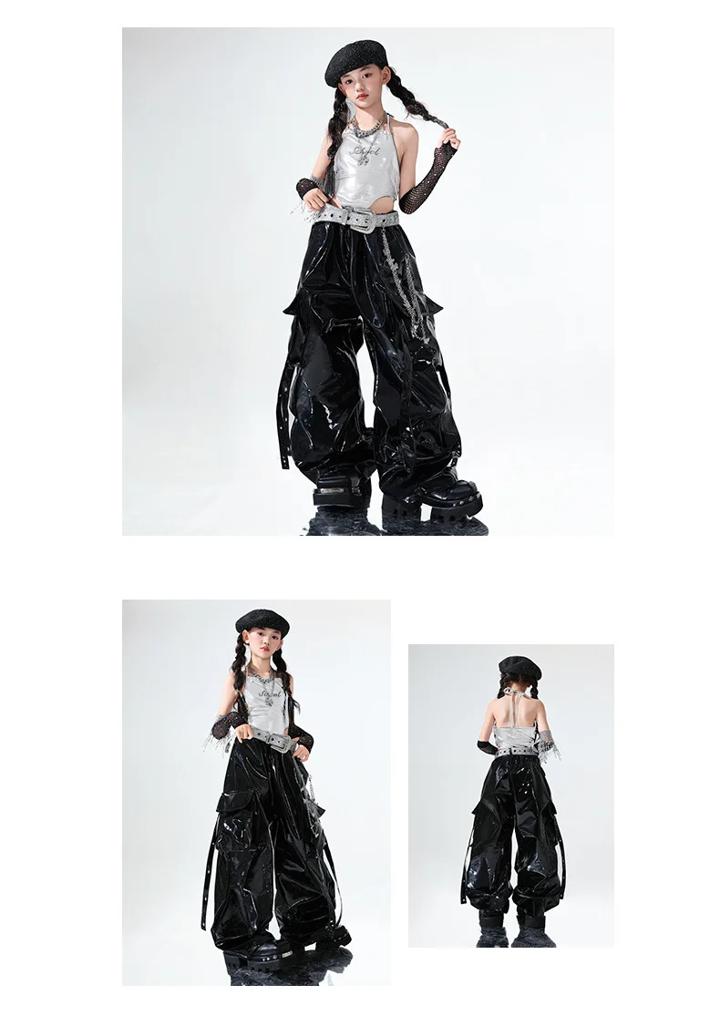 Hip hop girls’ silver vest and blue pants dance outfit for kids' street jazz performance. black 4578