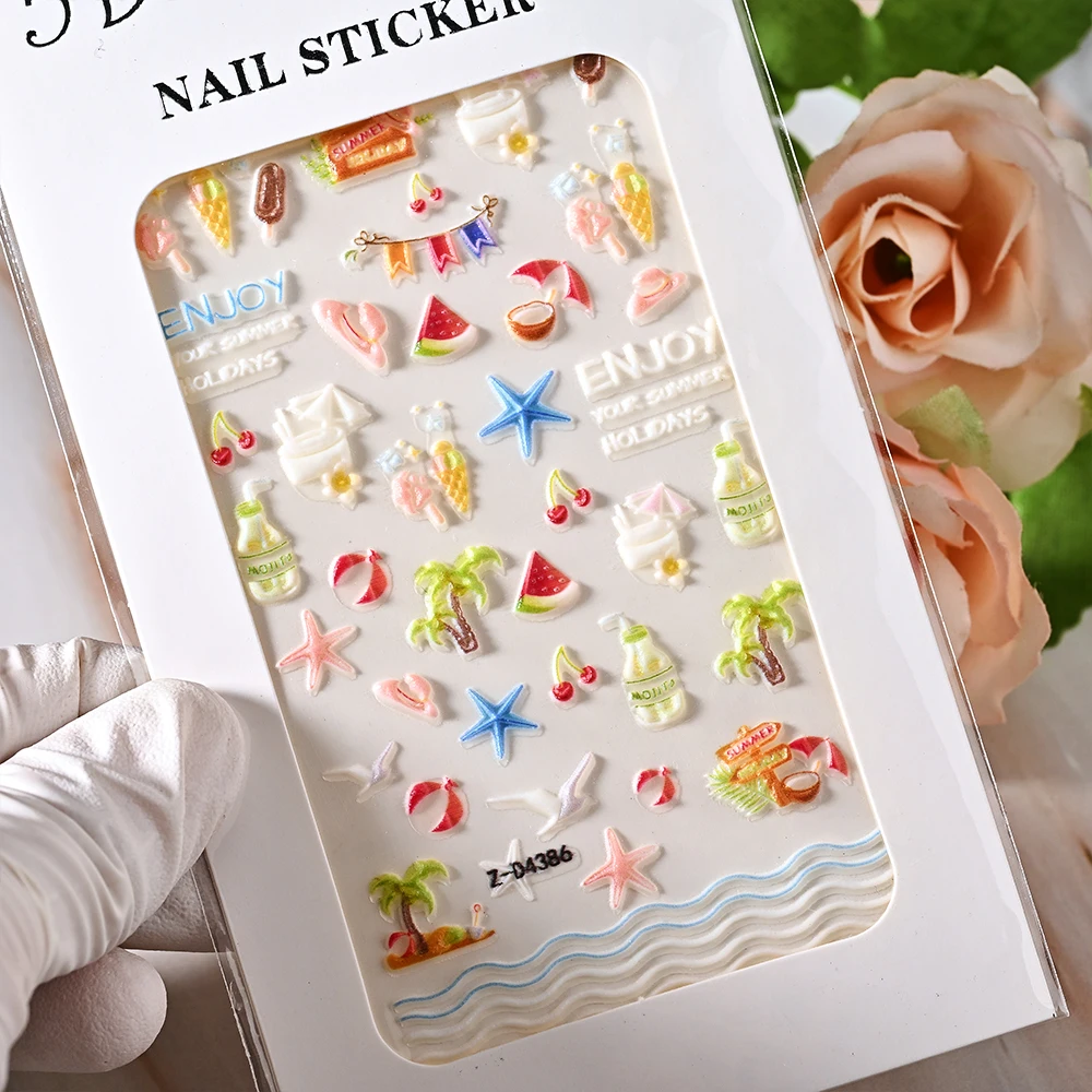 Summer Theme 5D Nail Sticker Cartoon Coconut Sandal Sunglasses Starshell Slider Decals Self-Adhesive Nail Art Decoration Sticker