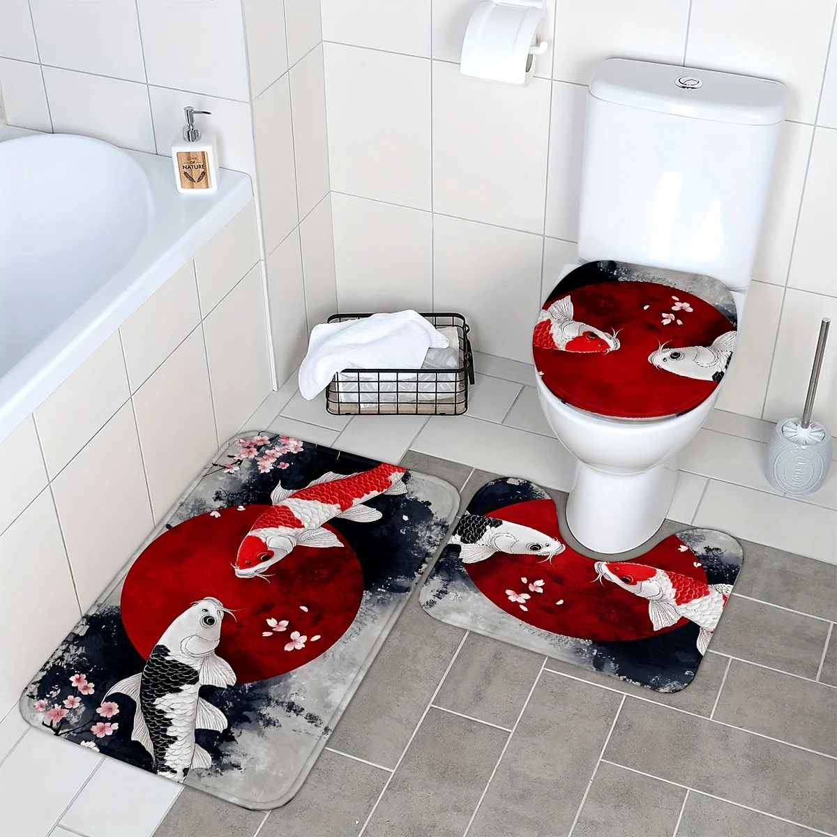 Oriental Black and Red Koi Bathroom Set - Anti Pulley Profile Mat, Toilet Lid, and Bath Mat for Elegant Home Decor 5