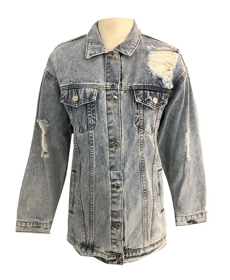 Ripped Buttons Jackets with Pockets Female Fashion Casual Streetwear New Loose Long Solid Denim Coats Women  Spring Summer