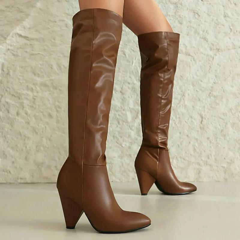 

2024 Women Over the Knee Boots Pointed Toe Spike High Heel Ladies Long Boots PU Leather Slip on Fashion Dress Women's Boots