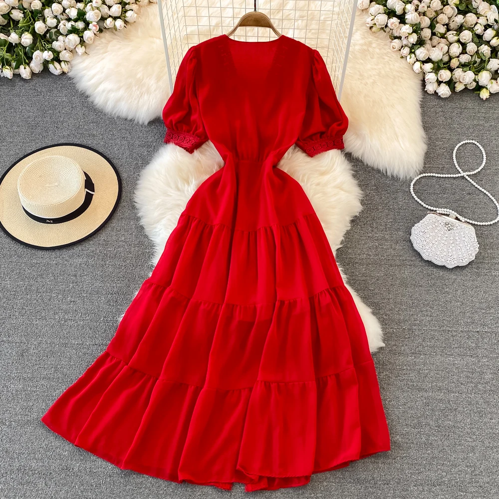 New Women Vintage Party Dress Summer Puff Sleeve Sexy V Neck Lace Single-breasted Long Dresses Ladies A Line Elegant Long Robe
