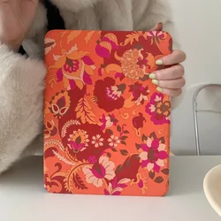 360 Rotating Vintage Boho Floral Tablet Case with Pencil Holder - iPad A19(2026)11in (Orange)