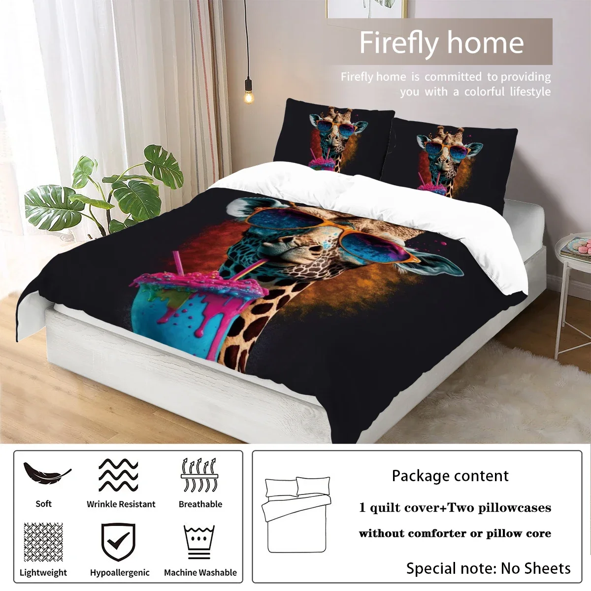 3-piece down duvet cover set with rock animal giraffe cat pattern print (1 duvet cover+2 pillowcases, no core) bedding set