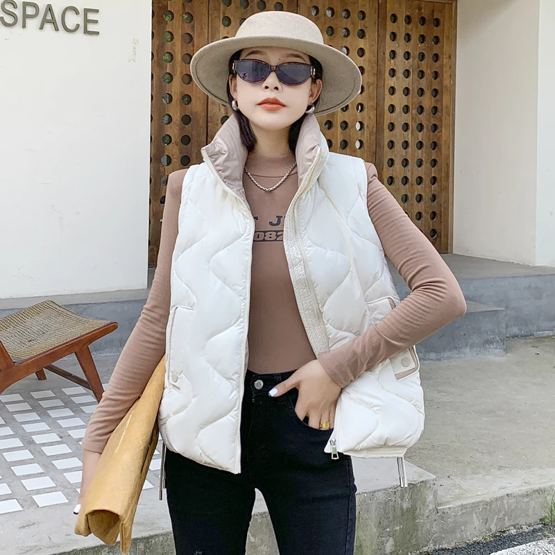 

H Women Autumn Winter Stand Collar Solid Color Sleeveless Big Pocket Coat For Ladies Zipper Loose All Match Warm Cotton Vest