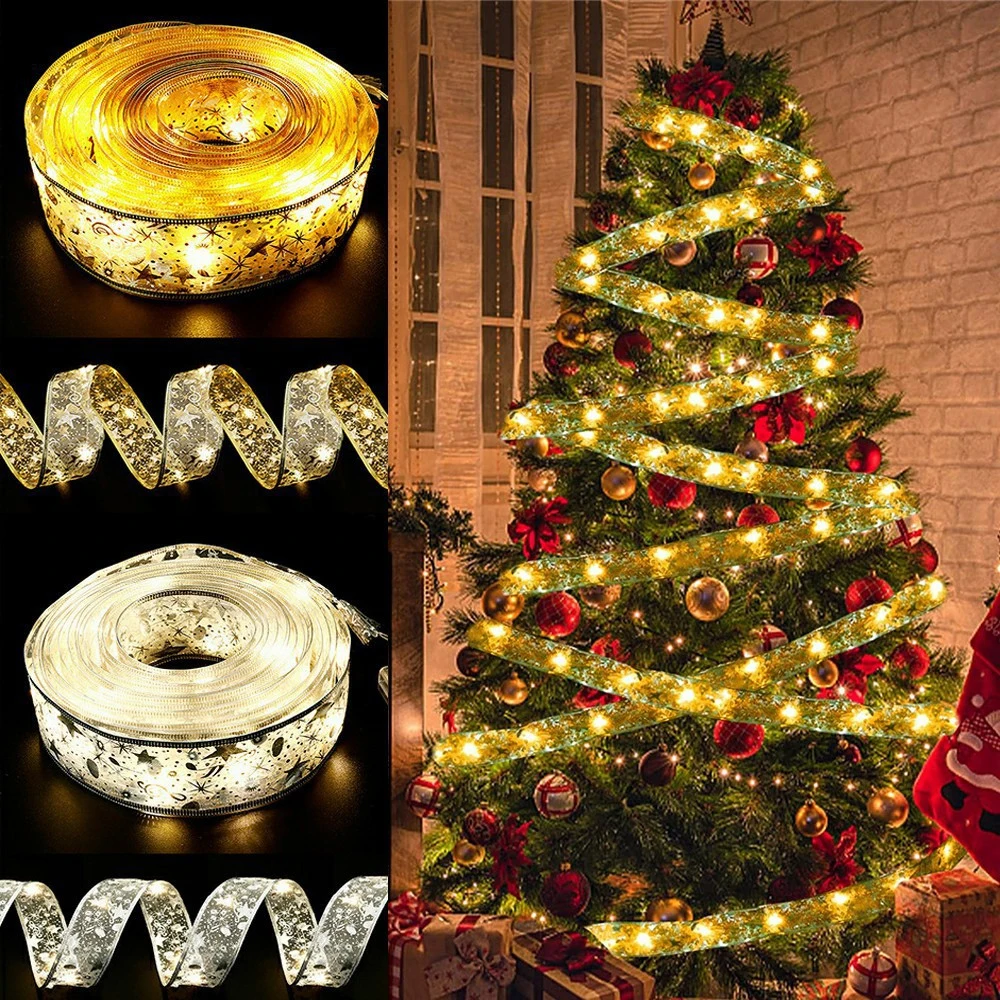 Christmas Decorations Christmas Ribbon Fairy Light DIY Bows String Light Tree Ornaments for Home Xmas Decor New Year Navidad