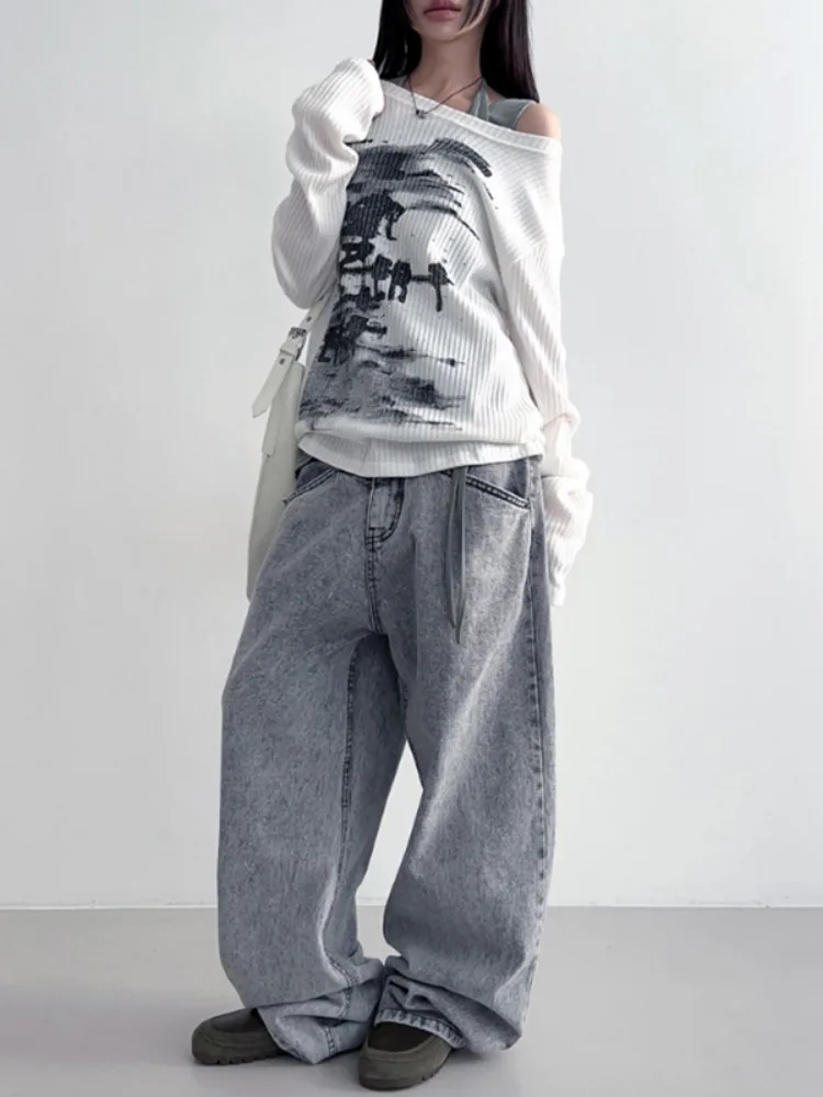 Autumn Harajuku Women Vintage Print Tees Streetwear Grunge Skew Collar Graphic Tshirt Y2k Aesthetic Casual Hiphop Grunge Top 5