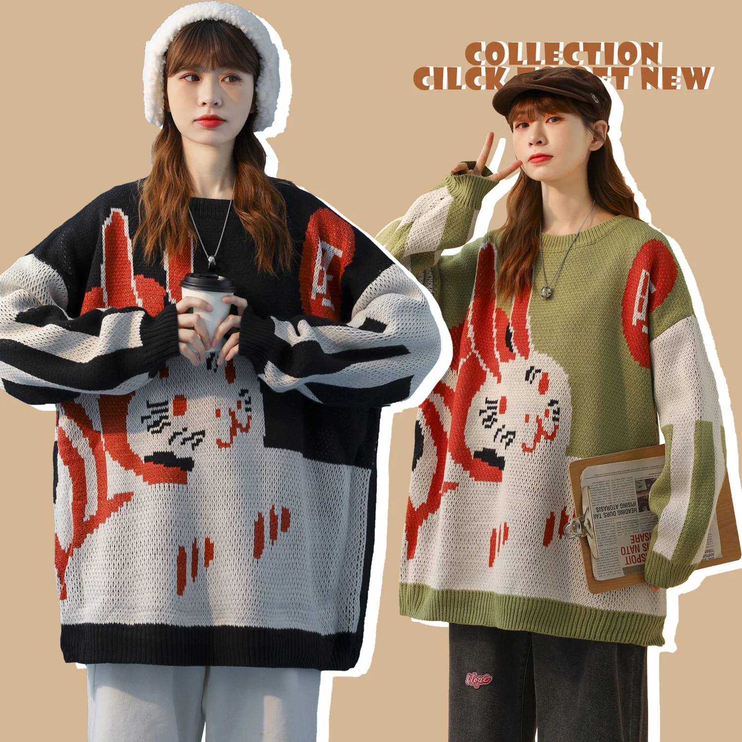 

Neutral autumn and winter clothes cartoon jacquard couple sweater knitted sweater coat