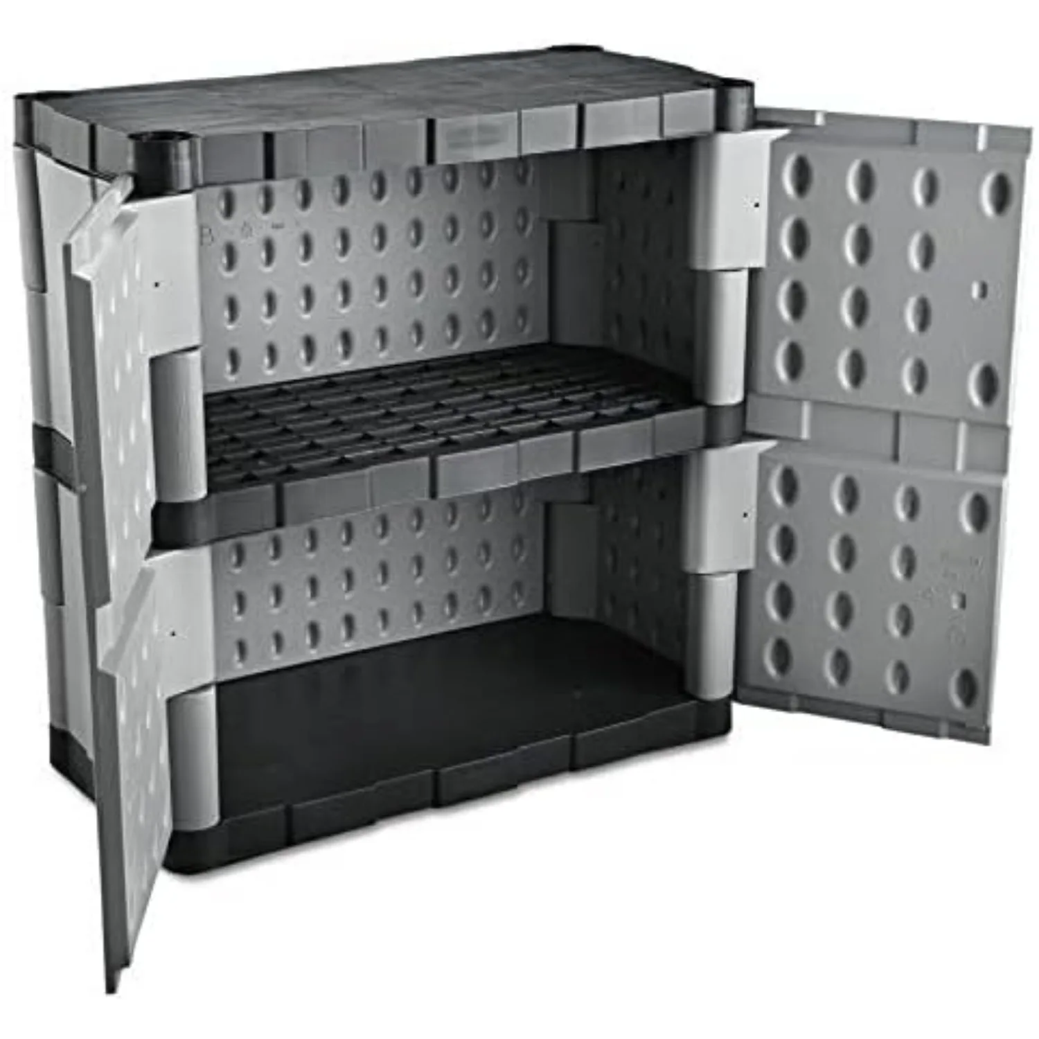 Rubbermaid Freestanding Storage Cabinet with Doors, 18"D x 36"W x 37"H, Medium Gray/Black, Two-Shelf Lockable Cabinet for Indoor 4