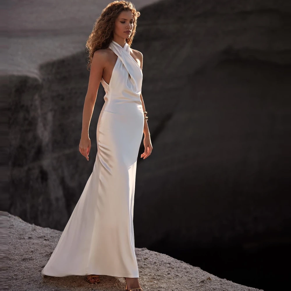 

Molisa Bohemian Halter Neck Wedding Dress Satin Long Sleeveless Bride Dresses for Women 2023 Free Shipping Country Bridal Gown