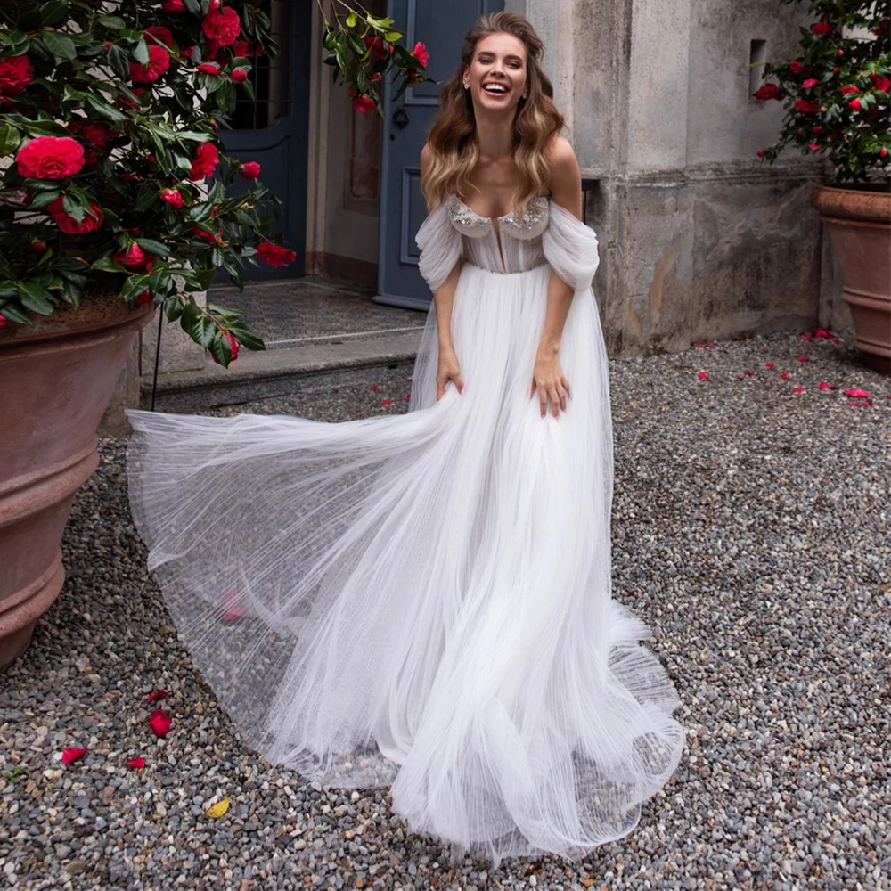 

Wedding Dresses for Women 2023 Bride Off Shoulder Garden Gown Long Beaded Applique Puff Sleeves A Line Civil Bridal