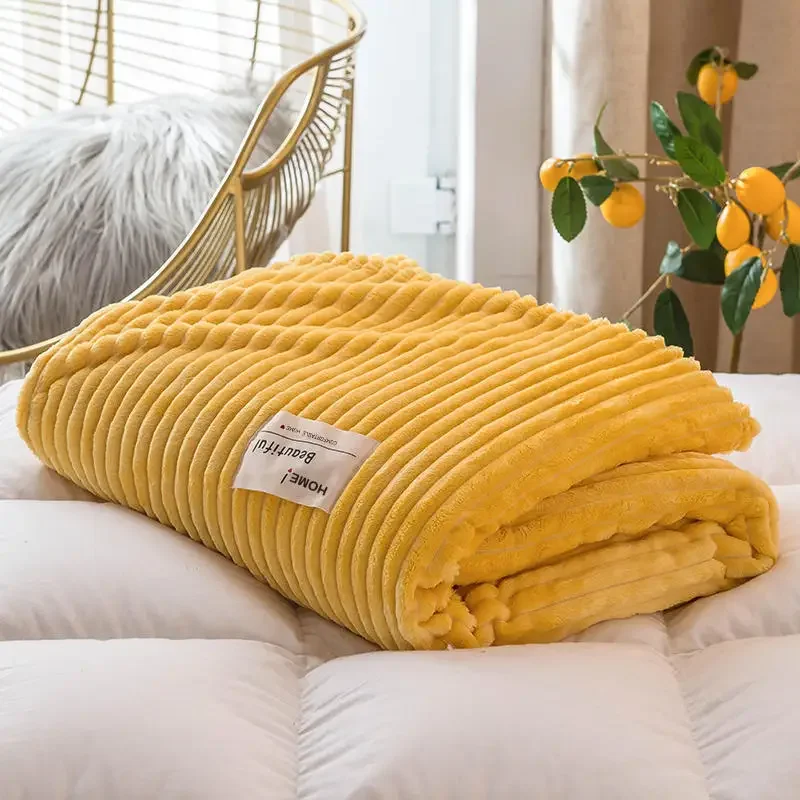 Blankets for Beds Solid Yellow Color Soft Warm 300GSM Plaid Square Flannel Blanket On the Bed Thickness Throw Blanket - 2