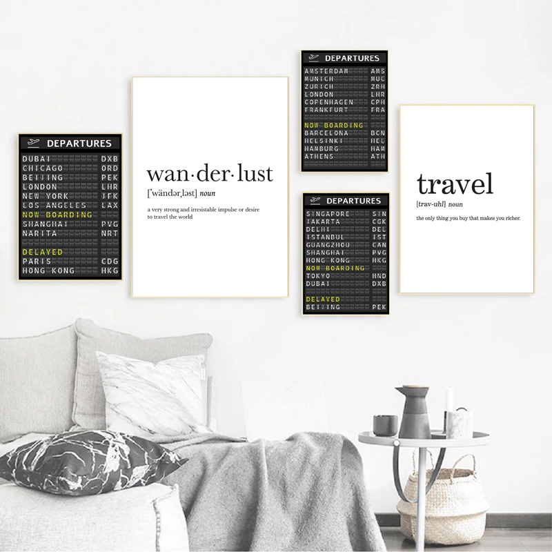 AIRPORT BOARD Destination Board Posters and Prints , Travel Board Quote Art Canvas Painting Pictures Honeymoon Travel Decoration