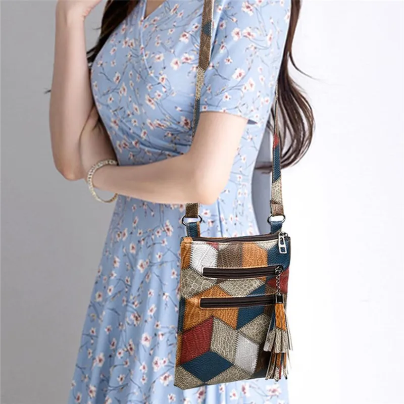 Retro PU Soft Leather Multi Pocket Handbag Shoulder Bag with Color Blocking Plaid Tassel Cross Bags, Mobile Phone Messenger Bag