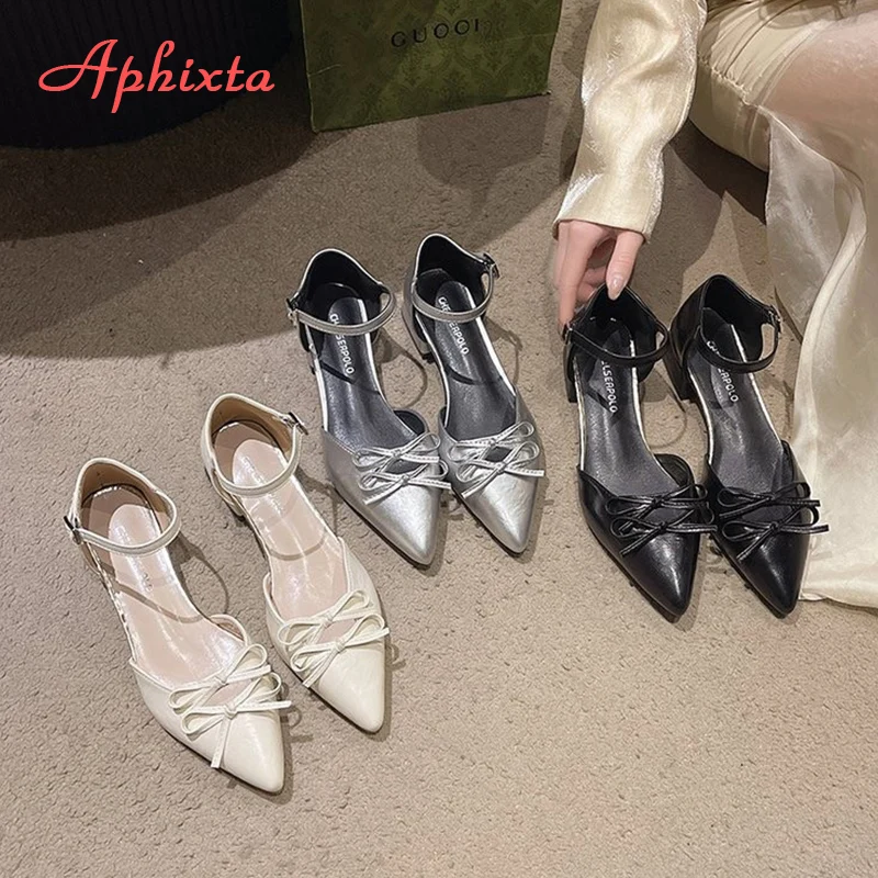 Aphixta Butterfly Knot Dec Summer Sandal Pointed Toe Sweet Sandals Silver Low Heels Dress Woman Shoes Pimp sandalias de mujer