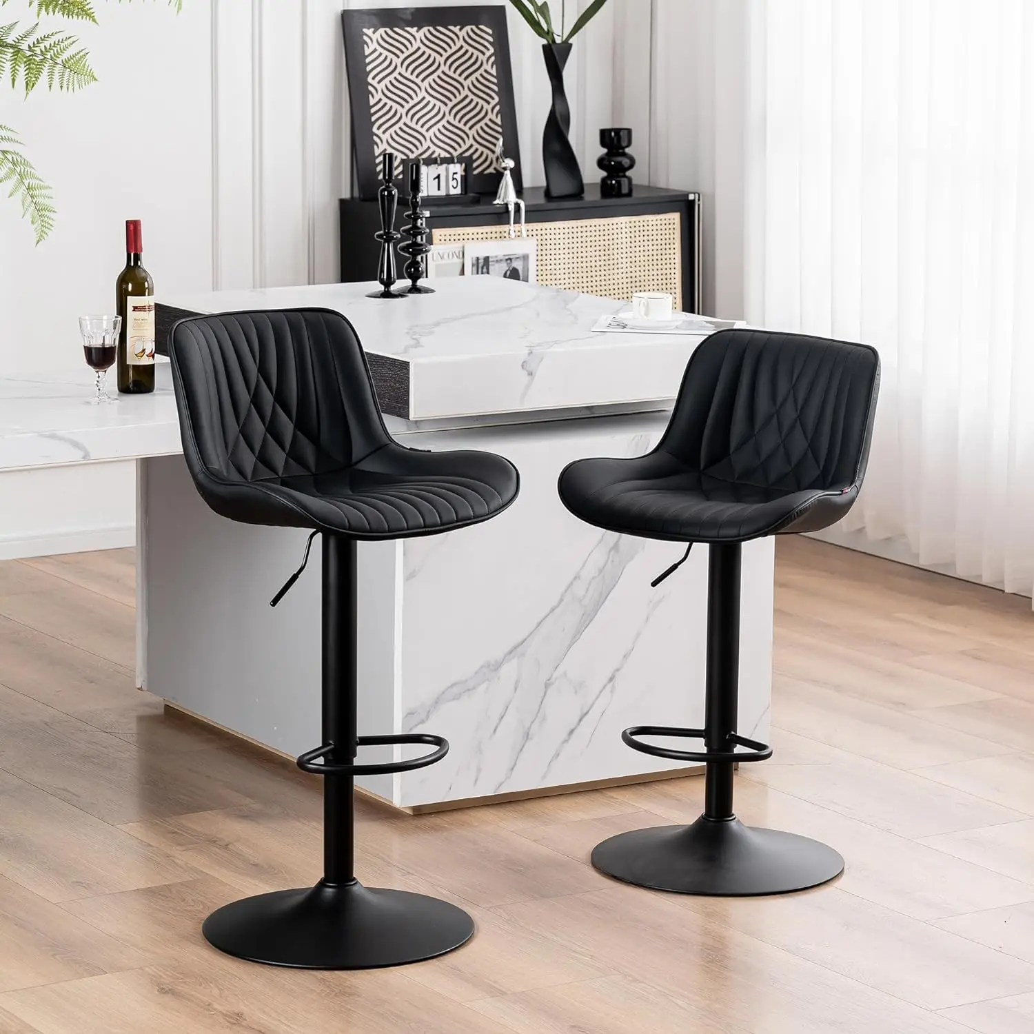 

YOUTASTE Black Bar Stools Set of 2 Adjustable Swivel Modern Barstools Luxury Upholstered Faux Leather Bar Stool Counter Height