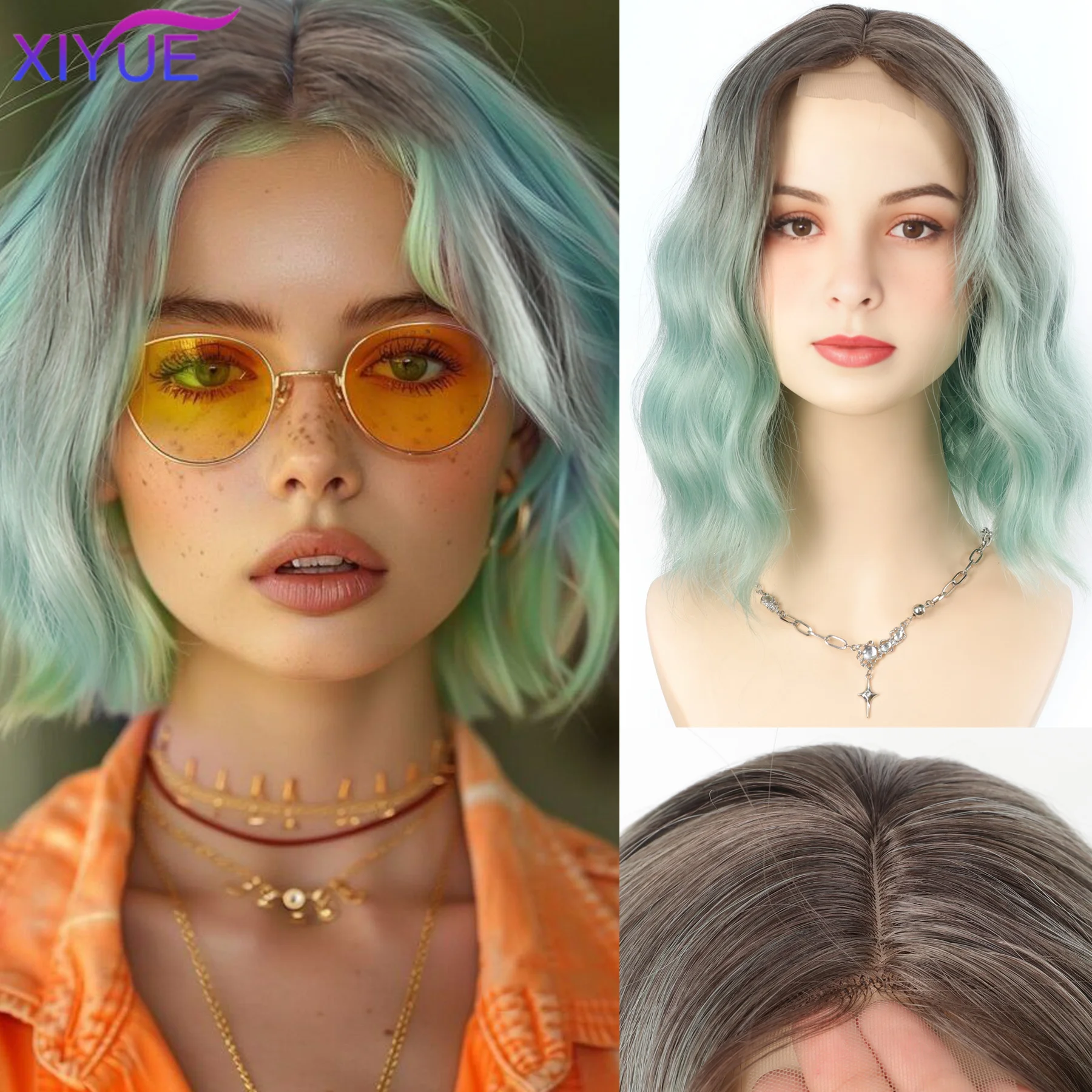 Women's BOBO Synthetic lace Wigs Mint Green Star Same Style Synthetic Long Curly Hair Versatile COS Full Head Set