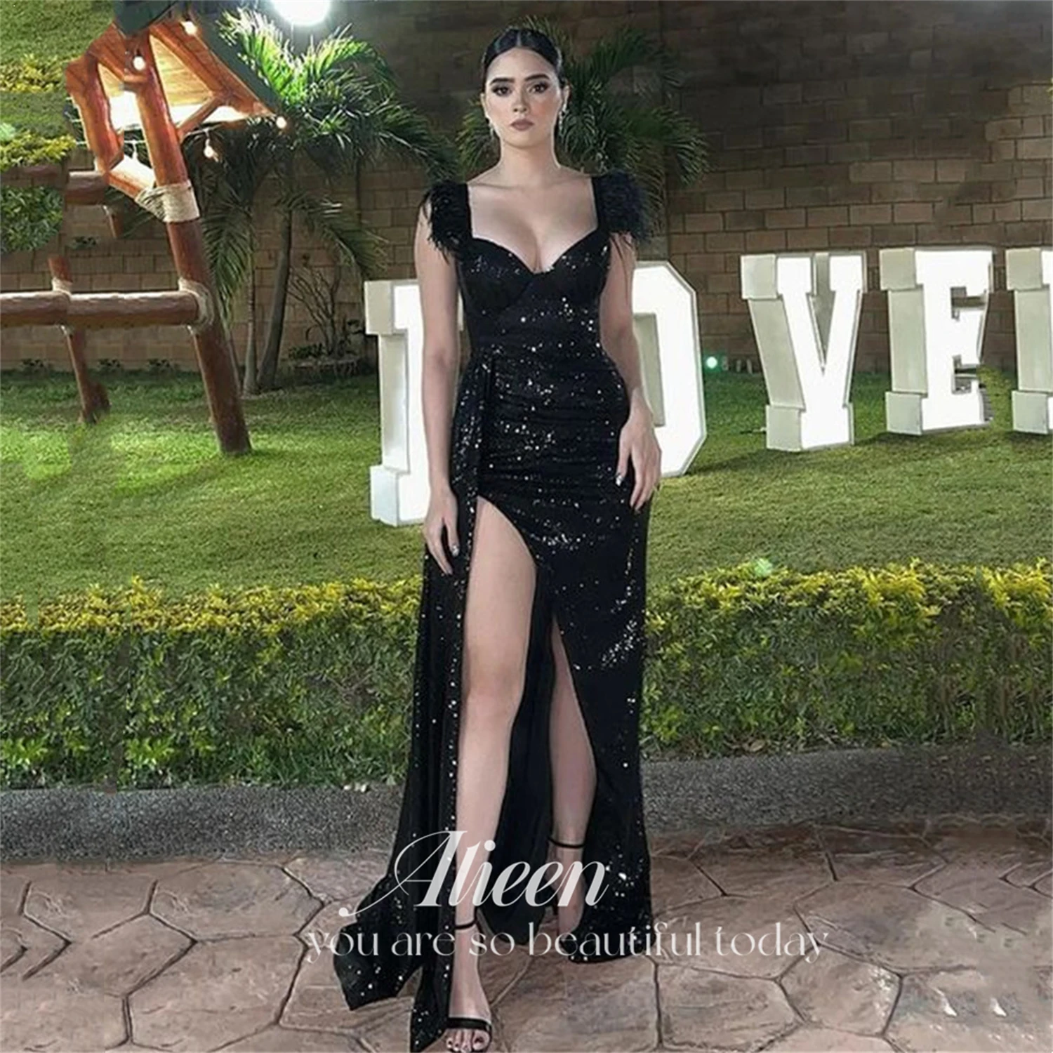 

Aileen Shiny Black Feather Mermaid Evening Dresses for Special Occasions Wedding Party Dress Women Elegant Luxury Prom Gown 2024