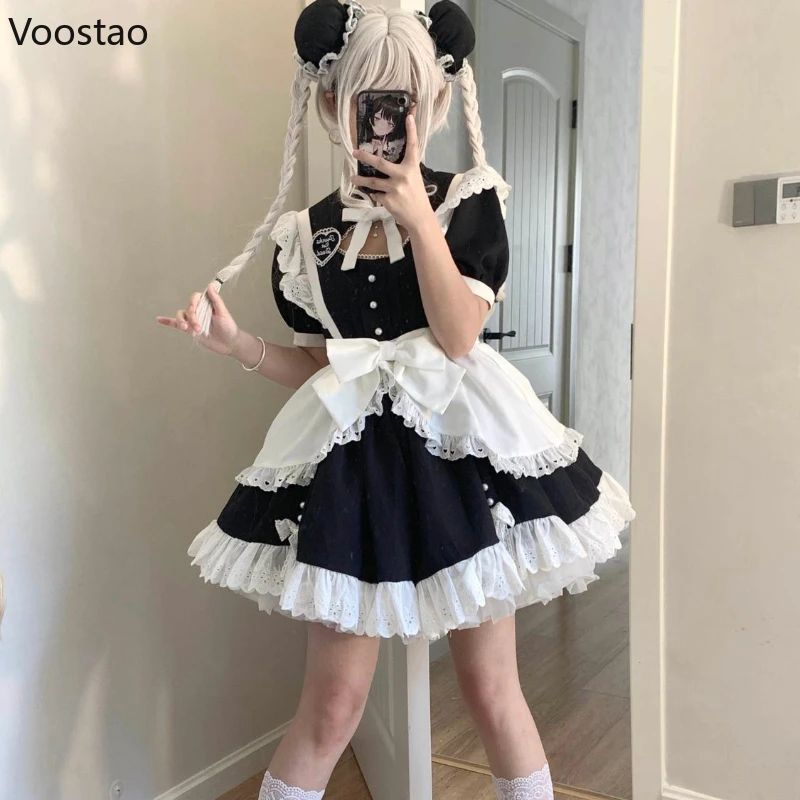Lolita Dress Japanese Sweet Lolita Dress Women Gothic Kawaii Puff Sleeve Ruffles Cosplay Party Dresses Girls Cute Apron Maid Carnival Dress