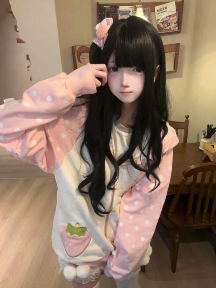 Japanese Kawaii Rabbit's Ears Hoodies Loose Polka Dot Patchwork Women Grunge Hoody Y2k Aesthetic Fairy Strawberry Sweatshirt 4