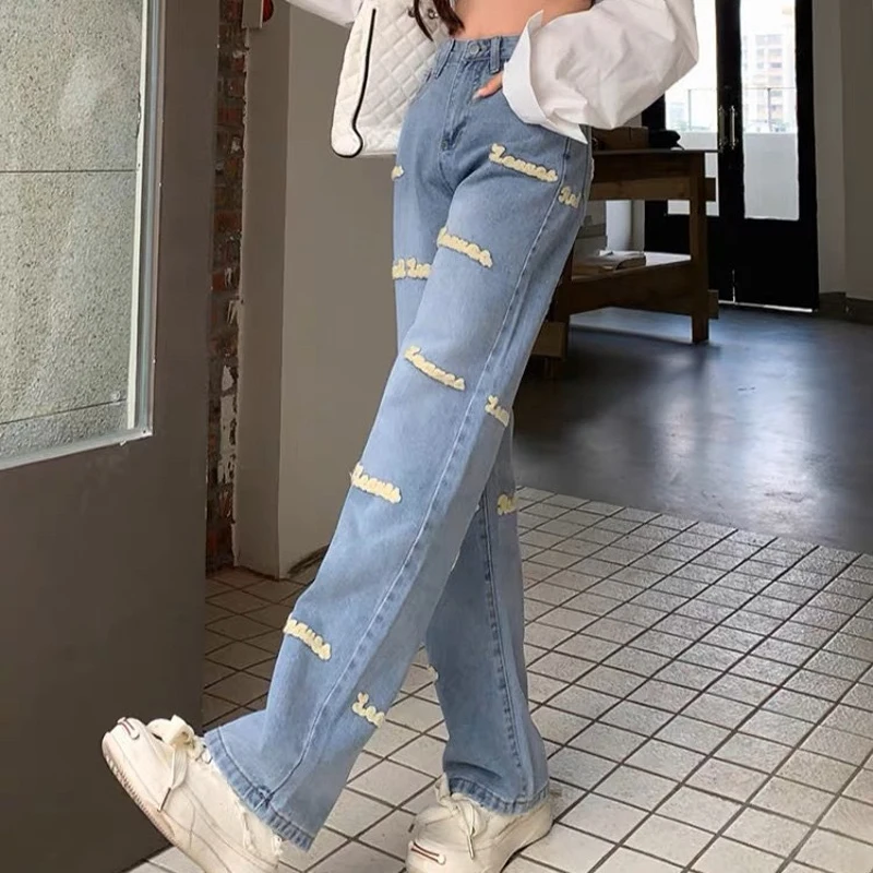 Embroidery Jeans for Women Loose Wide Leg Straight High Waist Trousers Spring Clothing