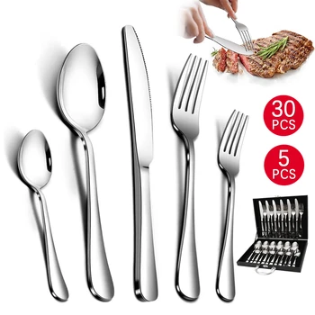[Disponibilità UE] 30 pz/5 pz Set di biancheria da tavola Set di stoviglie in acciaio inossidabile Coltello da bistecca Forchetta Cucchiaio Set di posate Tavolo da cucina Portatile 1