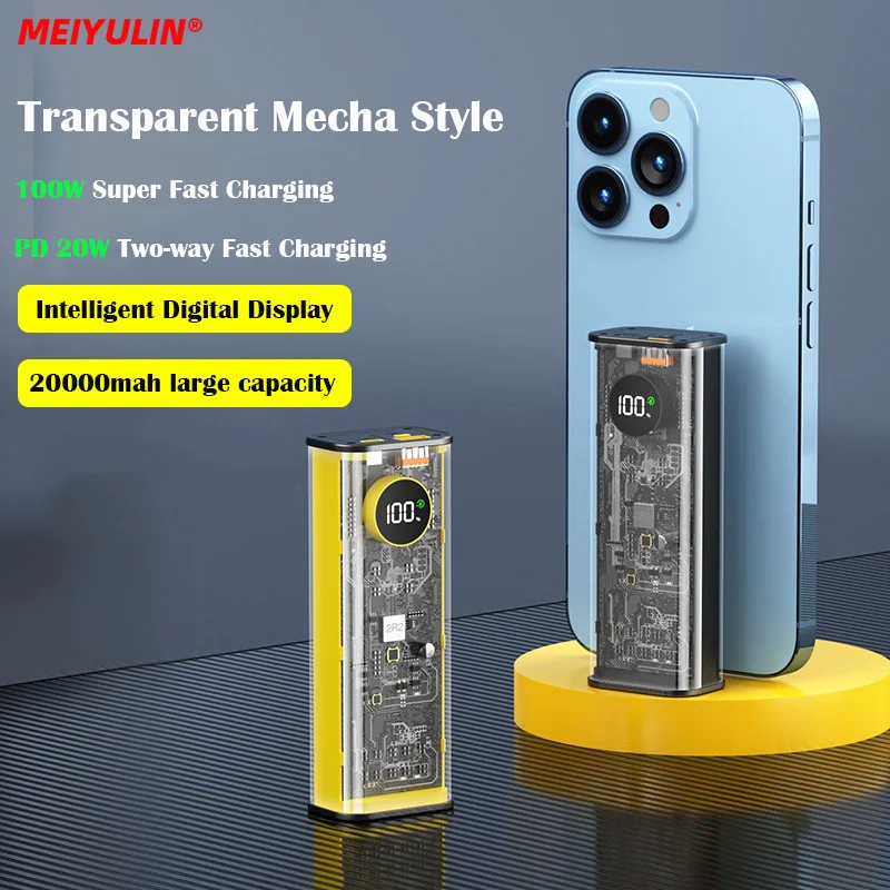 

20000mAh Transparent Power Bank 100W Fast Charging Large Capacity Portable External Auxiliary Battery For iPhone Xiaomi Samsung