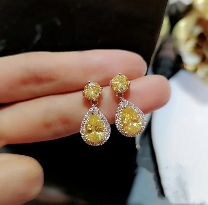 Yellow AAA Cubic Zirconia Classic Big Drop Crystal 925 Silver Needle Earring Luxury Bridal Wedding Earrings for Women Stamp