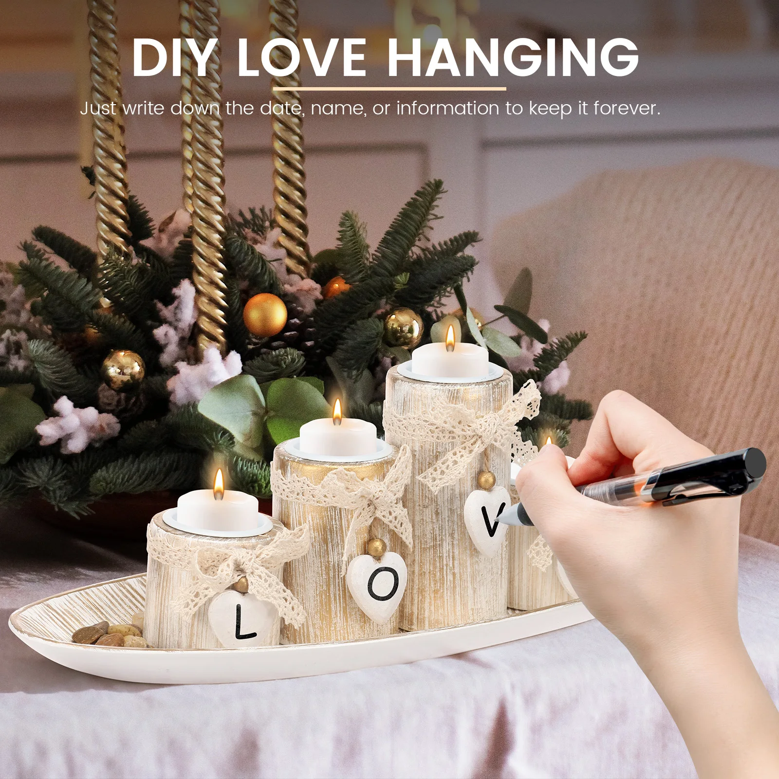 Wooden Candle Holders Tealight Candlestick Set 3/4Pcs Tealight Candle Holder with Tray and Decorative Pebble for Home Decoration