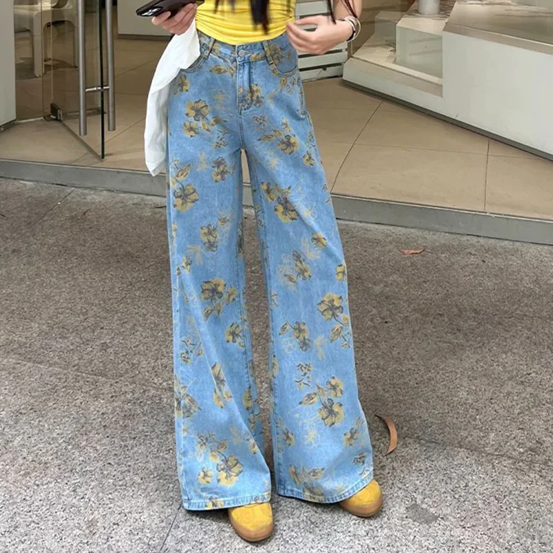 2025 Lady Retro Blue Flower Print Jeans Pants Female High Waisted Denim Pants Girls Thin Casual Daily Jeans Trousers 3