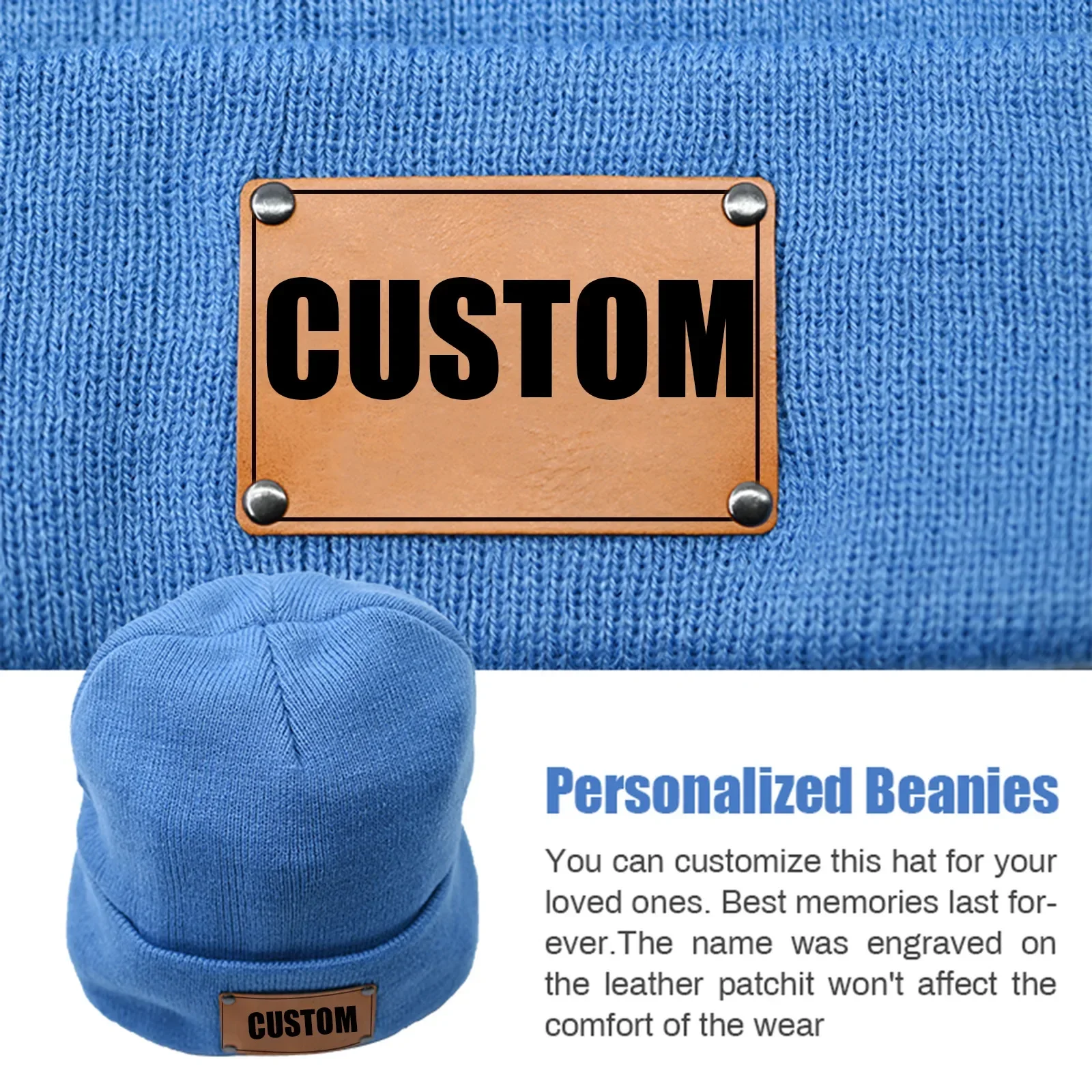 Oohmy Personalized Beanie Cap BOY GIRL Men Women Custom Beanies Leather Patch,Your Own Text Photo Logo Skull Cap Winter Warm Hat 6
